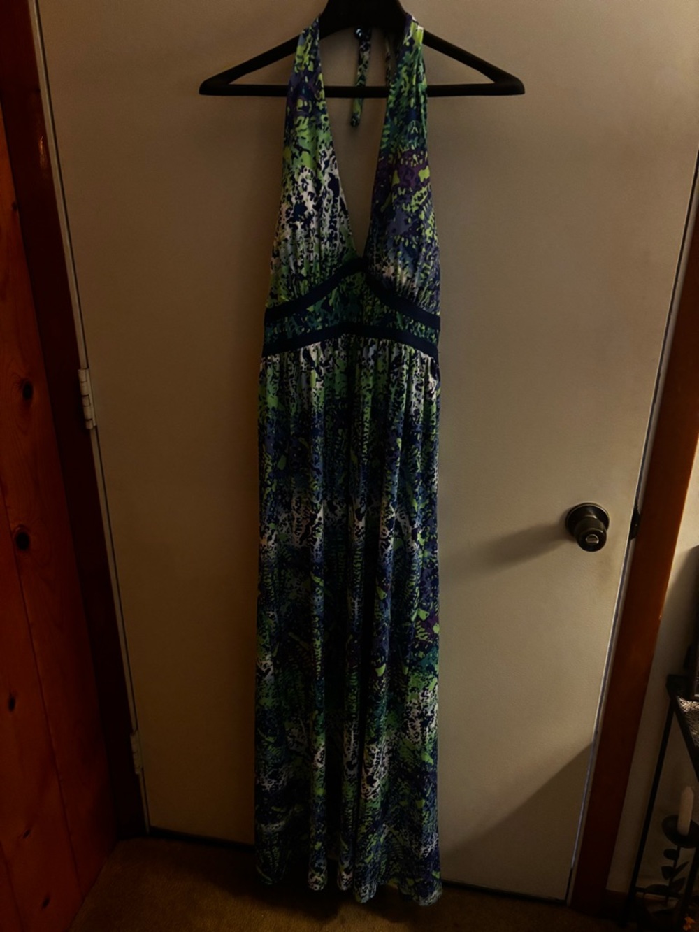 Sofia Vegara Halter Maxi Dress in Blue and Green Print
